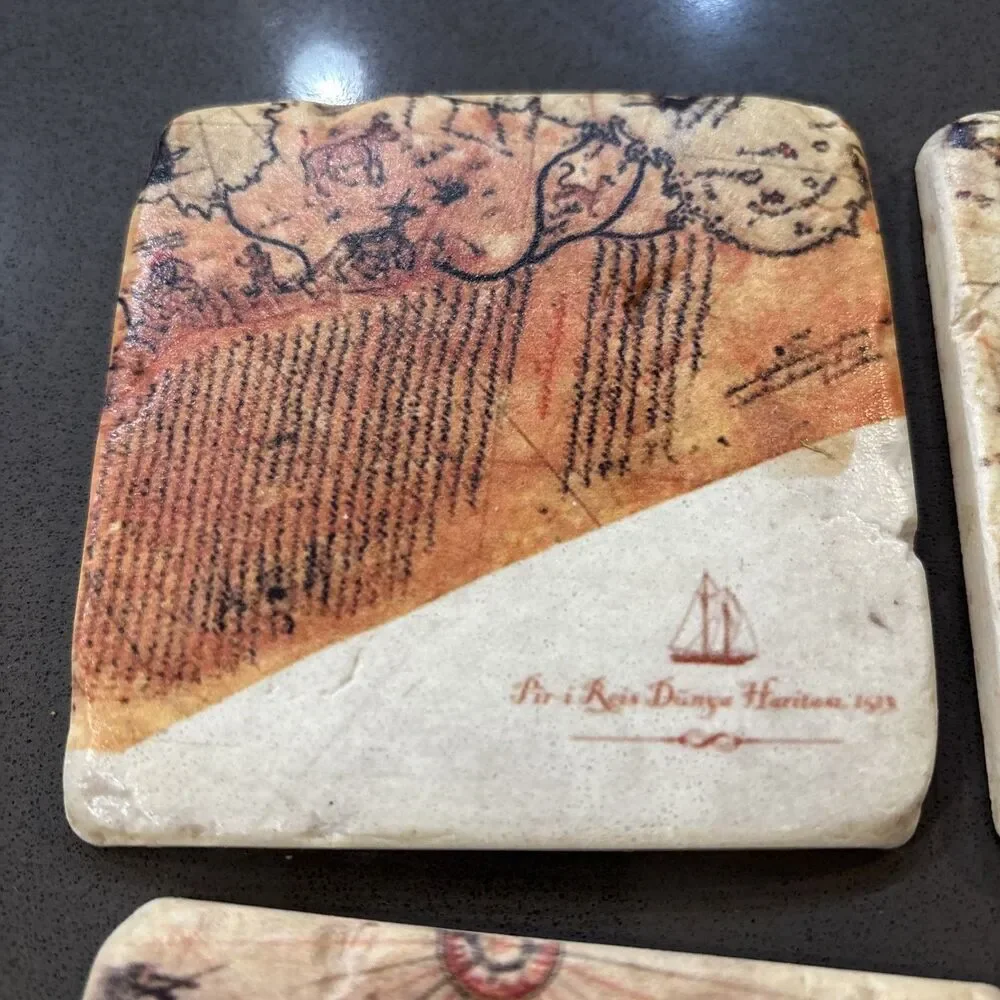 Piri Reis World Map Coaster Set Of Four Made Of Stone With Cork Backing